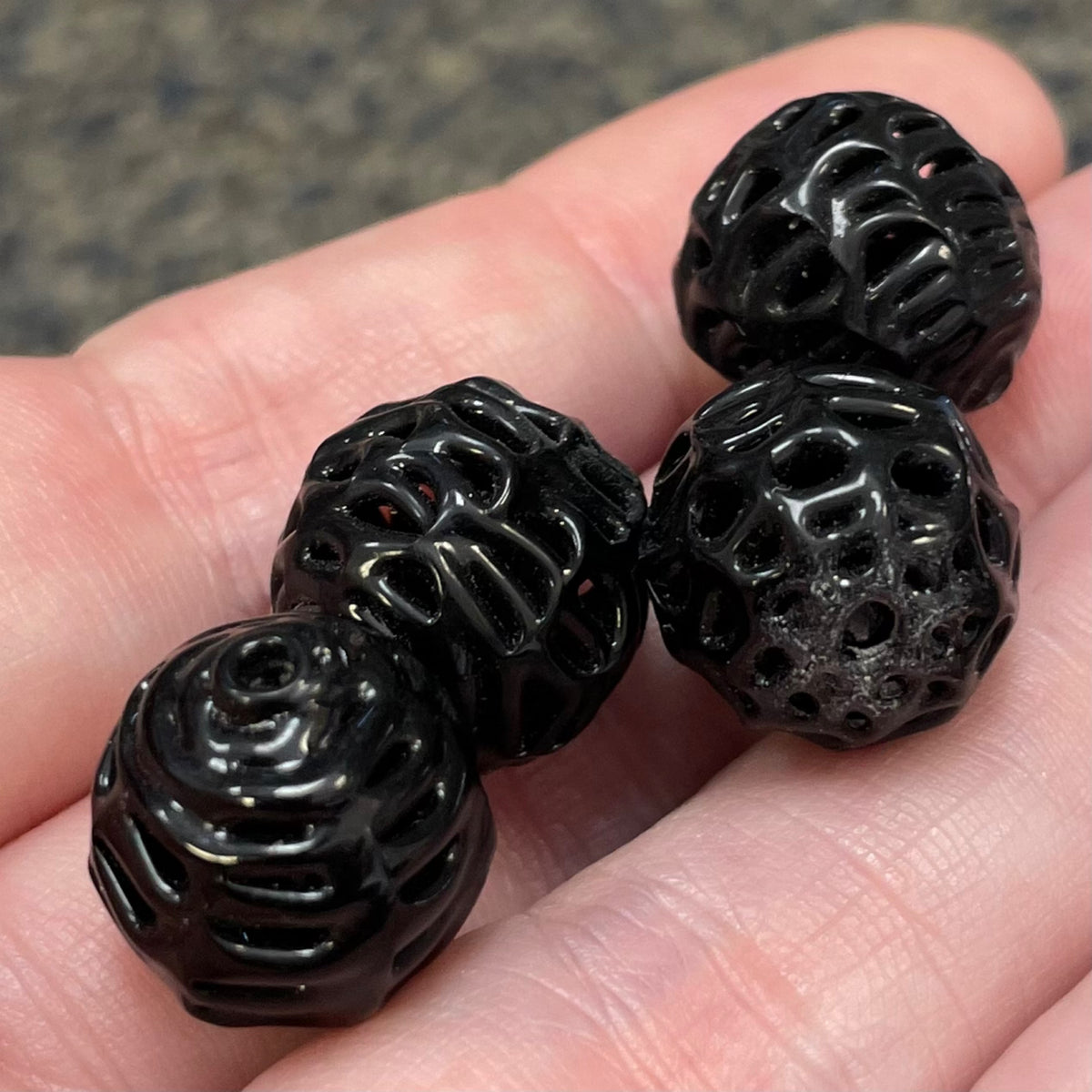 4 Vintage Black Japan Lace Spider Web Glass Beads