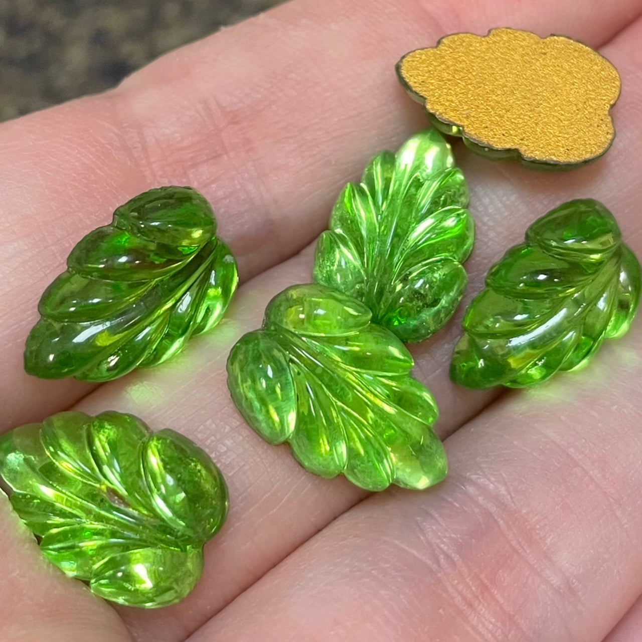 6 Vintage Green Olivine Light Leaf Glass Cabochons
