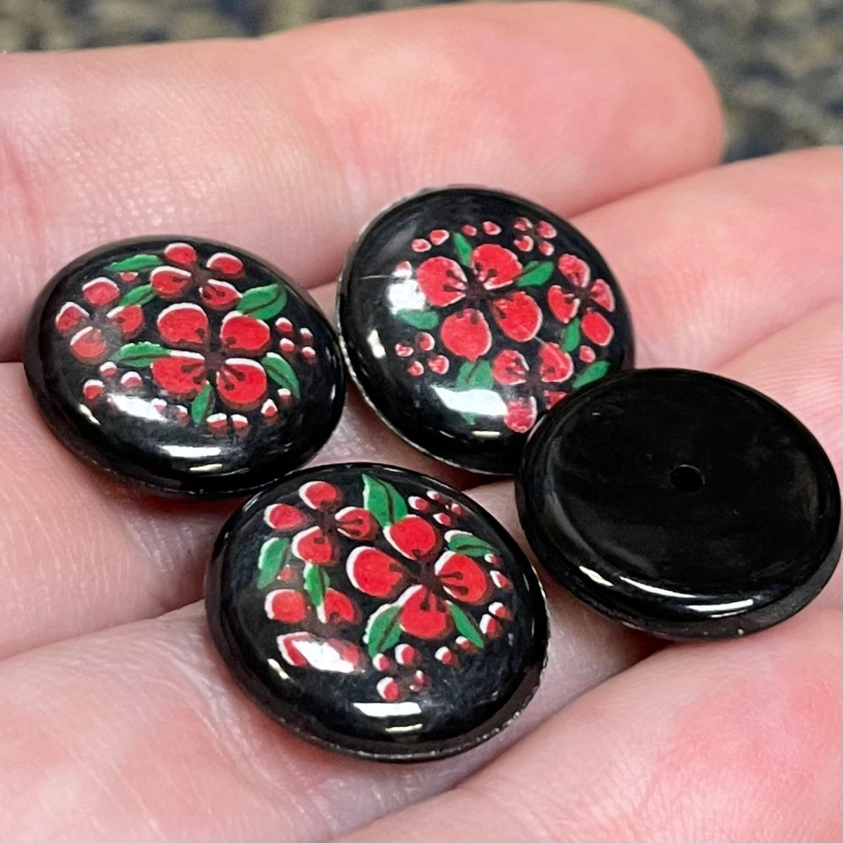 4 Vintage Black Red Floral Round Japan Lucite Cabochons