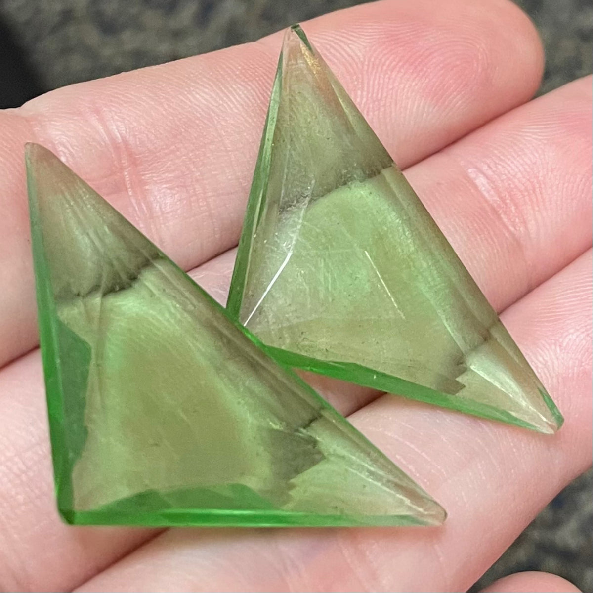 2 Vintage Green Triangle Glass Stones