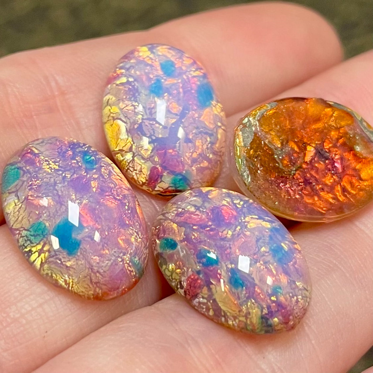 4 Vintage Czech Fire Opal Oval Glass Cabochons #7057