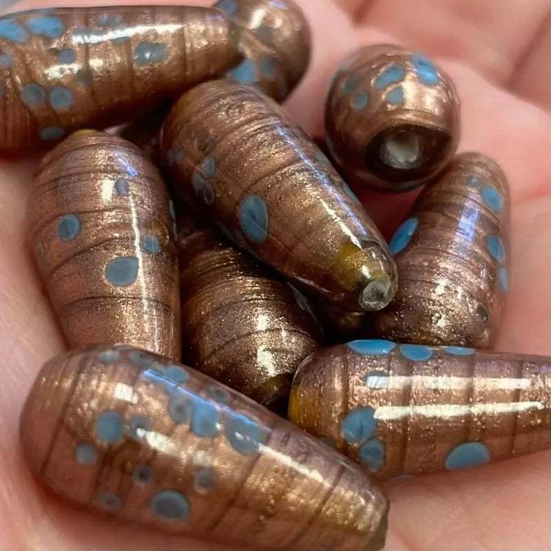 8 Vintage Blue Aventurine Metallic Teardrop Glass Beads