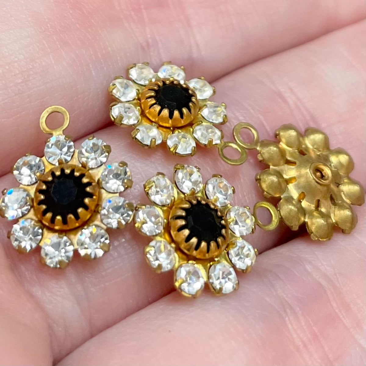 4 Vintage Brass Clear Black Swarovski Flower Charms